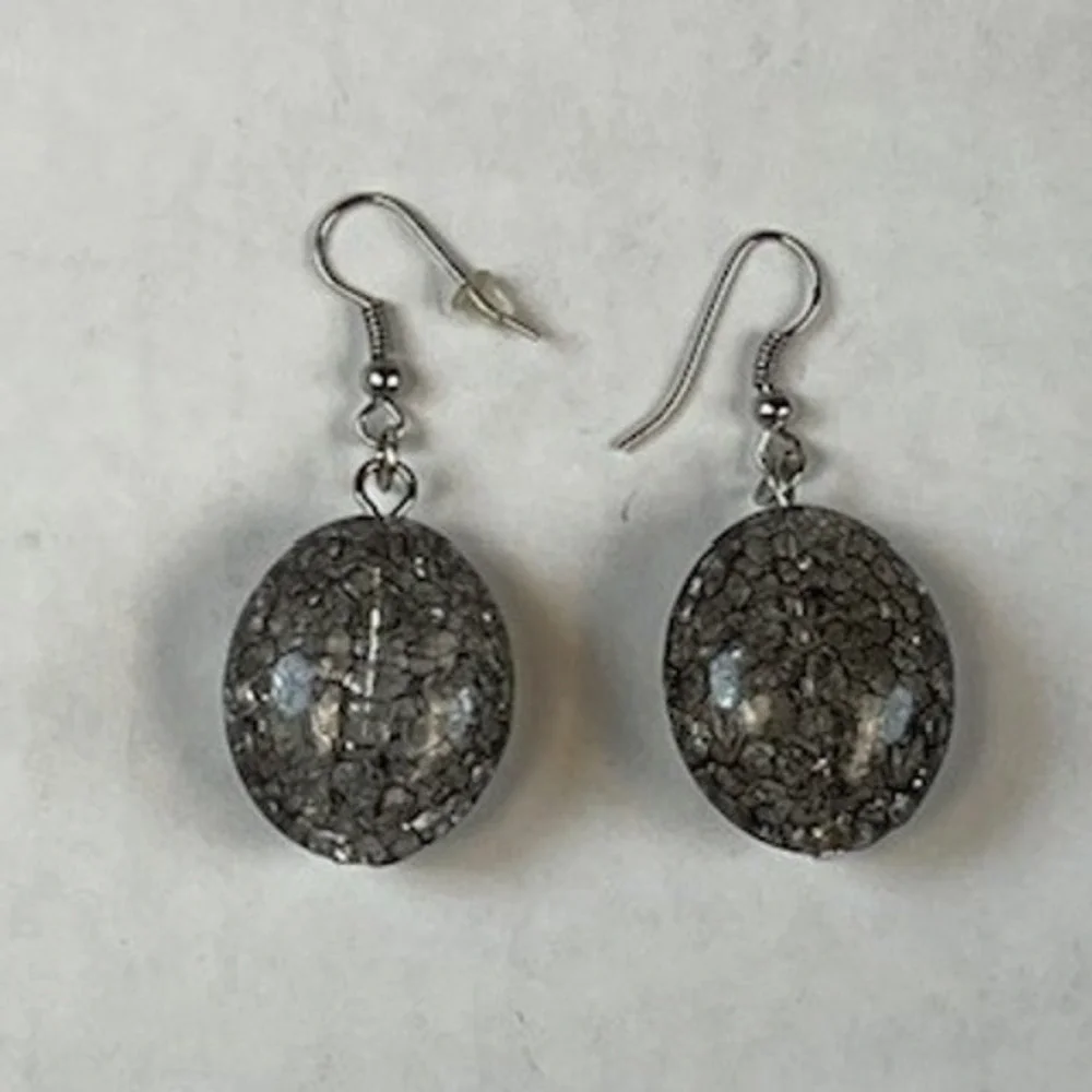 Grey Mosaic Crackle Oval Dangle Earrings Silver Tone‎ Fishhook Drop Earrings